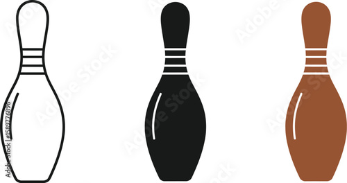 Three bowling pins are displayed in a row, showcasing a classic design in different color variations, perfect for illustrating sports, recreation, or graphic design projects.