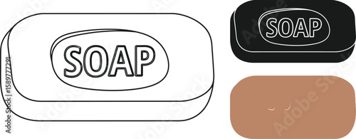 Three soap illustrations showcase hygiene products in different styles, including a line drawing, a solid black silhouette, and a realistic brown bar, perfect for cleanliness concepts.