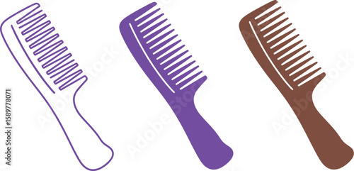 Three colorful combs in purple, violet, and brown are displayed, showcasing hair care accessories and grooming tools for beauty and personal care concepts in a simple design.