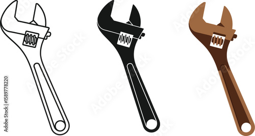 Three adjustable wrenches are displayed in a row, each with a different style, including a line drawing, a solid black silhouette, and a brown shaded version for various design needs.