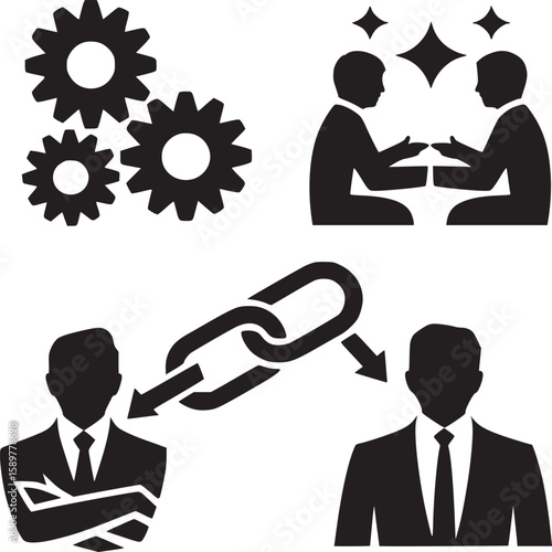 Business strategy collaboration solution partnership teamwork process management success icon set