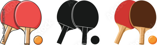 Table tennis illustration showcases two rackets and a ball in vibrant colors and black silhouette, perfect for sports enthusiasts and graphic design projects, offering a dynamic visual.