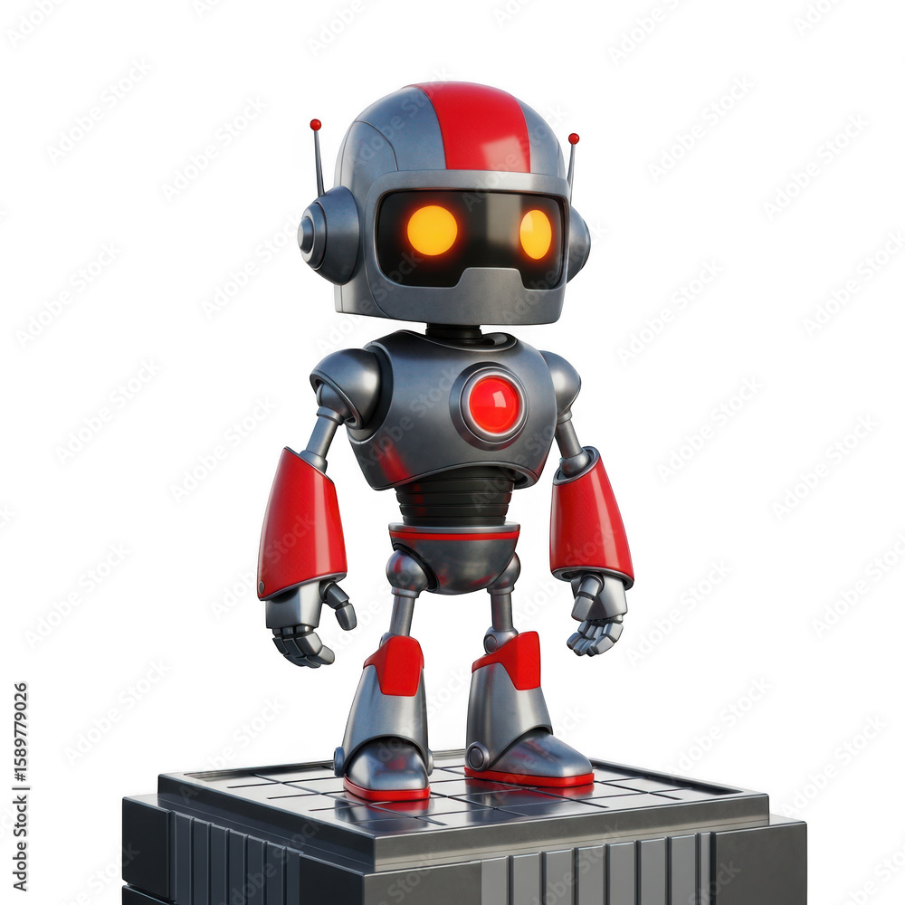 Cute cartoon robot with glowing orange eyes and red accents standing on a metallic platform isolated on transparent background Cute cartoon robot with glowing orange eyes and red accents standing on a metallic platform isolated on transparent background