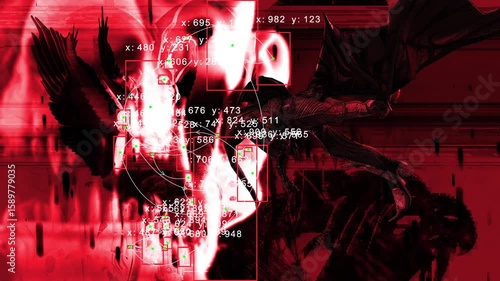 Abstract Fantasy Creatures With Red Glitch Effects, Digital Art Revealing A Dark, Surreal World.