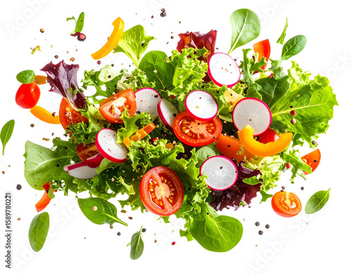 Exploding Vegetable Salad with Flying Ingredients and Leafy Greens, isolated on transparent background