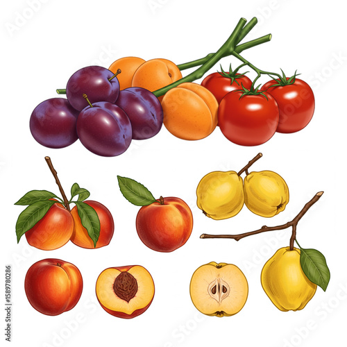 Artistic arrangement of plums, apricots, tomatoes, peaches, and quince makes for a fresh fruit-themed graphic.