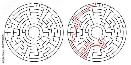 Side-by-side round labyrinths: unsolved and solved versions. Red path highlights correct route. Ideal for problem-solving illustrations or game design.
