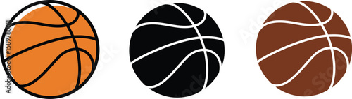 Three basketballs are displayed in a row, showcasing orange, black, and brown variations, ideal for sports themes, graphic design, and athletic content creation.