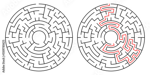 Circular maze puzzle with solution path. Black and white vector design with red solving line. Perfect for brain games, logic training, or educational materials.

