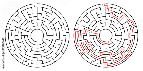 Vector illustration of circular maze and its solution. Brain teaser concept, great for print, web, or puzzle-themed design projects.