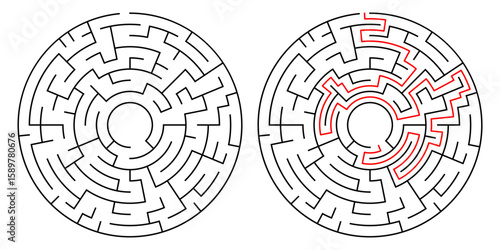 Vector illustration of circular maze and its solution. Brain teaser concept, great for print, web, or puzzle-themed design projects.