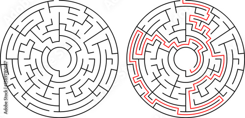 Conceptual black-and-white maze art showing complexity and resolution. Excellent for strategy, intelligence, or cognitive challenge themes.