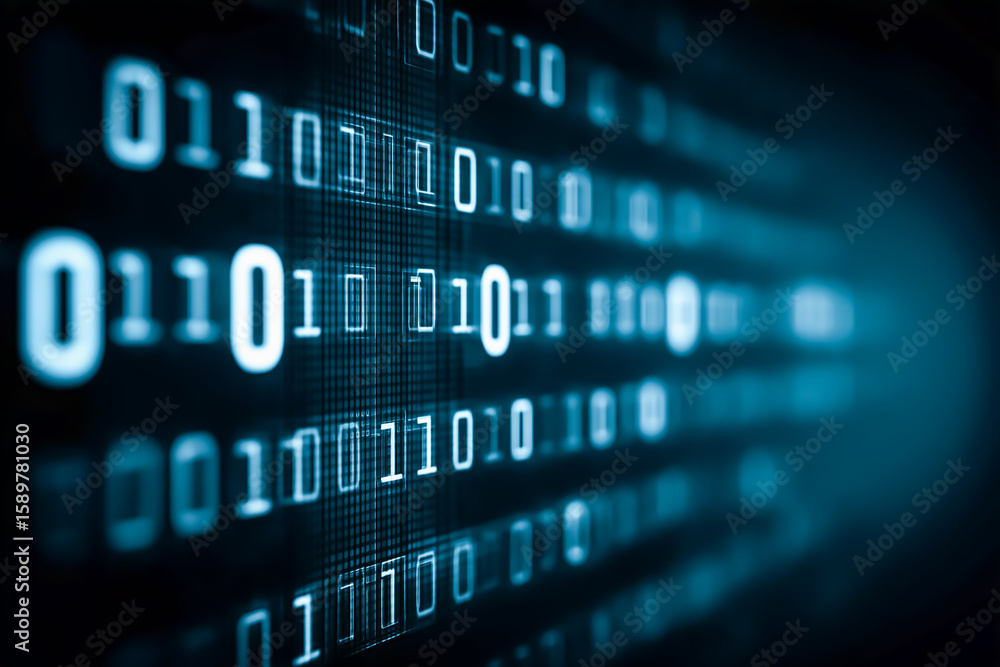 Obraz premium バイナリコードが流れるティールグロー抽象テクノロジー、サイバー空間を流れるコードパーティクル抽象バックグラウンド