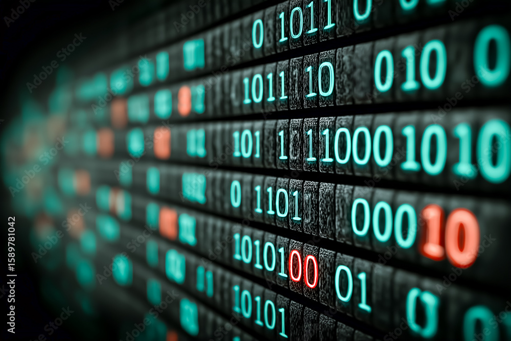 Obraz premium デジタルデータの流れ：0と1が織りなす情報の世界、サイバーセキュリティ：暗号化されたデータの背景
