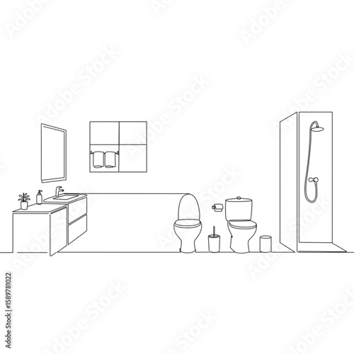 Streamlined bathroom design presents a modern, minimal interior outline including fixtures like a sink, toilet, and shower enclosure.