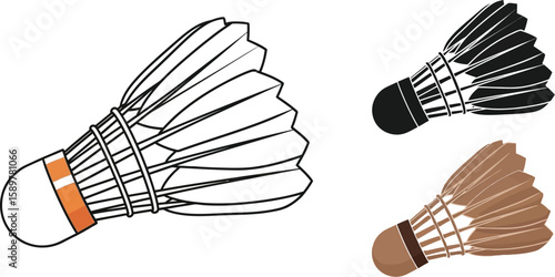 Three badminton shuttlecocks are presented, showcasing a white feathered version, a black silhouette, and a brown variant, ideal for sports equipment illustrations and athletic designs.