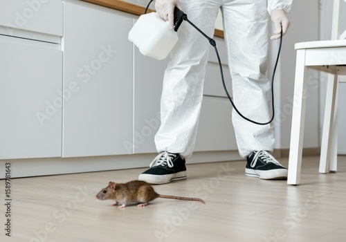 Pest control specialist in protective suit spraying insecticide in modern kitchen while brown rat runs on wooden floor