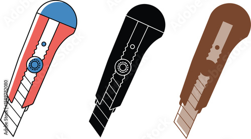 Explore three utility knives in vibrant red, sleek black, and warm brown, showcasing essential tools for crafts, construction, and everyday cutting tasks with precision and style.
