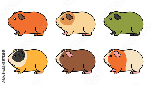 Vector Six adorable cartoon guinea pigs in different colors and patterns