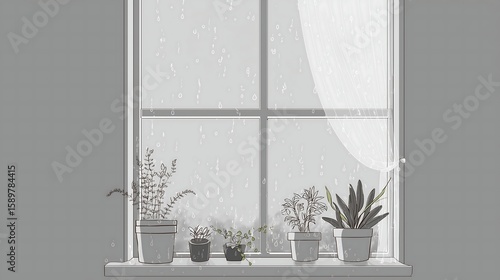 simple line art of a rainy day window view with plants on the sill, realistic water droplets and gentle shadows
