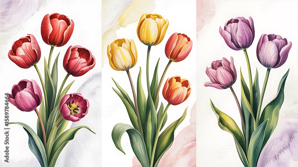 Obraz premium Vibrant Watercolor Tulip Bouquets Celebrating Springtime Blooms