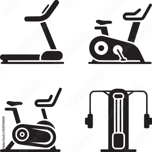 Gym equipment icons set treadmill exercise bike fitness machine workout training silhouette vector