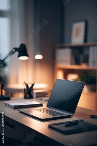 Wallpaper Mural Modern workspace with laptop and notebooks on wooden desk in cozy evening light. Sleek modern laptop on a tidy desk with notebooks and pens, concept of remote work and productivity Torontodigital.ca