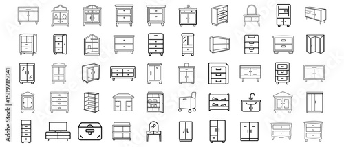 Variety of Furniture and Cabinetry Icons in Outline Style
