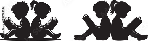 Kids Reading Books Silhouettes Boy and Girl Studying Together for Education, Learning, and Literacy Concepts