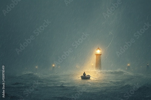 Stormy sea, lone boat, guiding lighthouse