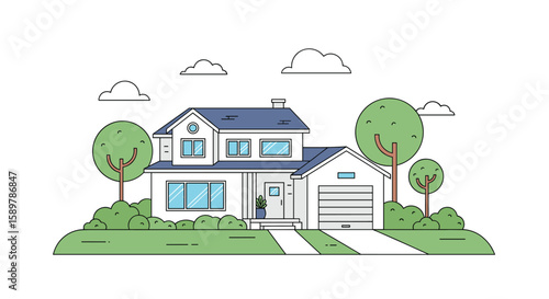 Beautiful suburban home with manicured lawn and garage on a bright sunny day