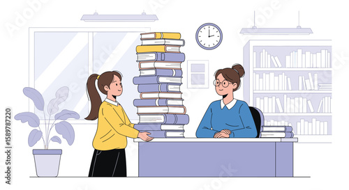 Student seeking guidance from teacher with towering pile of books in library