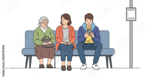 Diverse age group people waiting on a public transport bench enjoying their time
