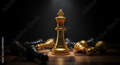 A single illuminated chess king piece standing alone on a chessboard with all other fallen pieces lying around it Represents strategy success and outmaneuvering competition