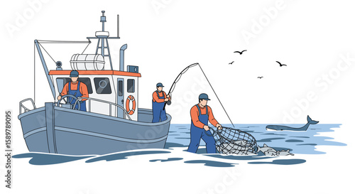 Commercial fishing crew actively hauls in catch from open ocean waters