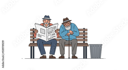 Two elderly men in hats sitting on a park bench reading a newspaper and leaning on a cane on a white background with a trash can