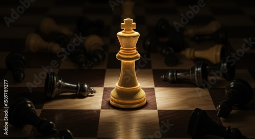  A single illuminated chess king piece standing alone on a chessboard with all other fallen pieces lying around it