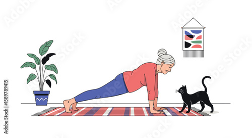 Senior woman engages in a yoga plank pose with her cat nearby promoting strength and well-being