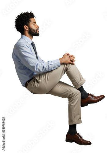 A man in a blue shirt and tan pants sits with his hands clasped isolated on transparent background