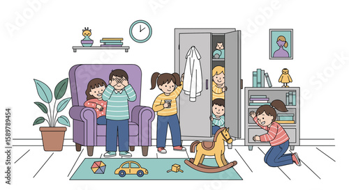Children playing hide and seek in a cozy living room filled with toys and furniture