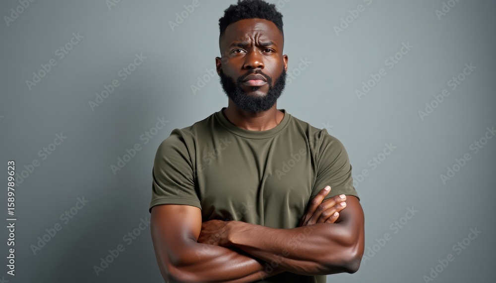 Obraz premium Confident black man crossing arms while posing against gray background 