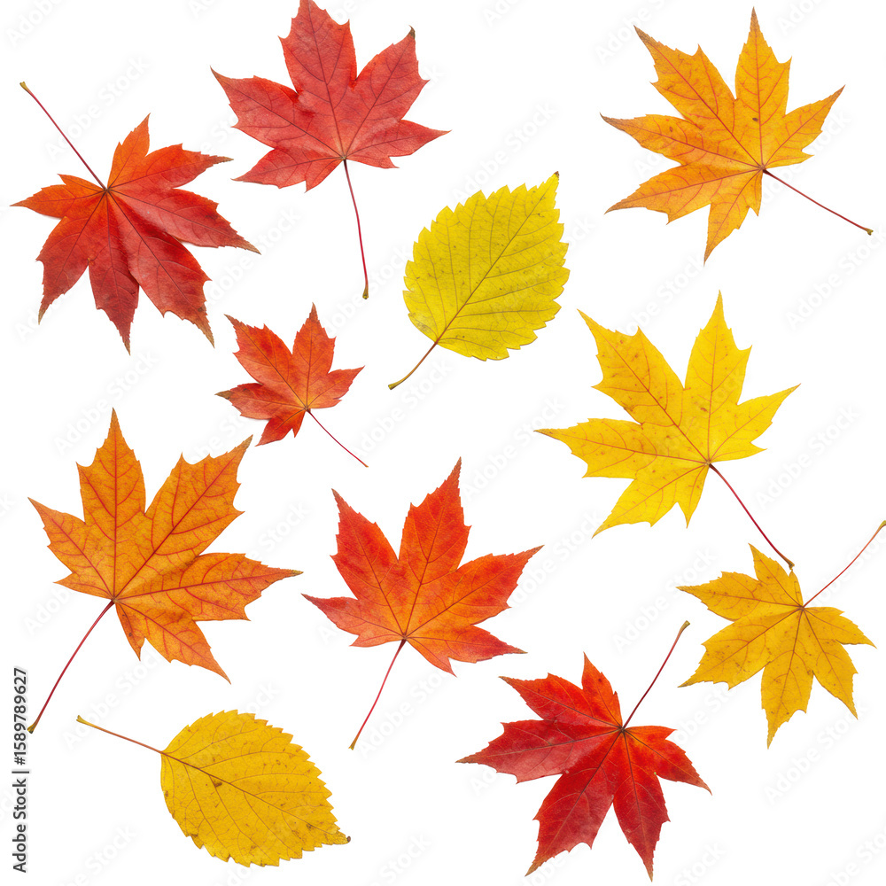 Fototapeta premium Vibrant autumn leaves, distinct individual maple and deciduous foliage in brilliant red, orange, yellow, with intricate veins, gently falling/floating, isolated against a clean white background with