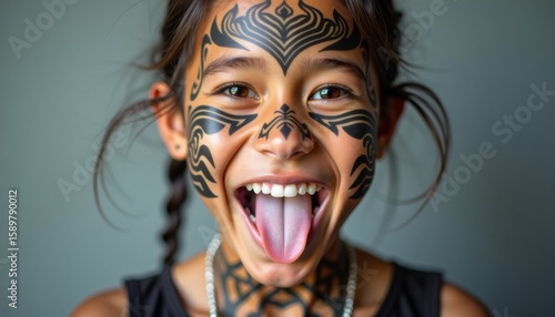Young girl with tribal face tattoo smiling and sticking out her tongue  