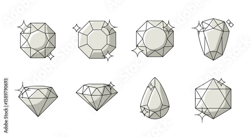 Collection of geometric gemstone cuts and facets with sparkle effects for jewelry design elements