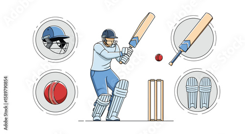 Cricket player batting action with protective gear and equipment illustration