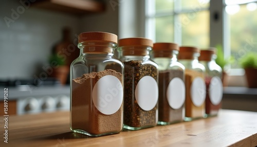 Fototapeta Naklejka Na Ścianę i Meble -  Glass spice jars with wooden lids arranged on kitchen counter  