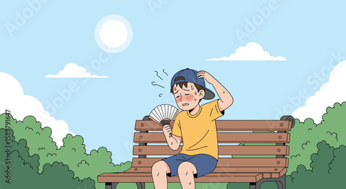 A young boy feels the summer heat and tries to cool himself down with a fan on a sunny day in the park