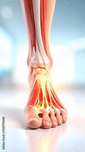 3D model of human foot cross-section showing muscles, bones, and ligaments