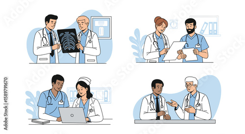 Medical professionals collaborating discussing patient care and research findings in modern healthcare settings