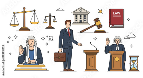 Illustrative collection of legal professional symbols and courtroom elements for justice and legal proceedings